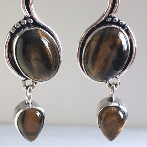 New Tiger’s Eye Gemstone Crystal Dangle Hook Silver Earrings - Picture 3 of 8